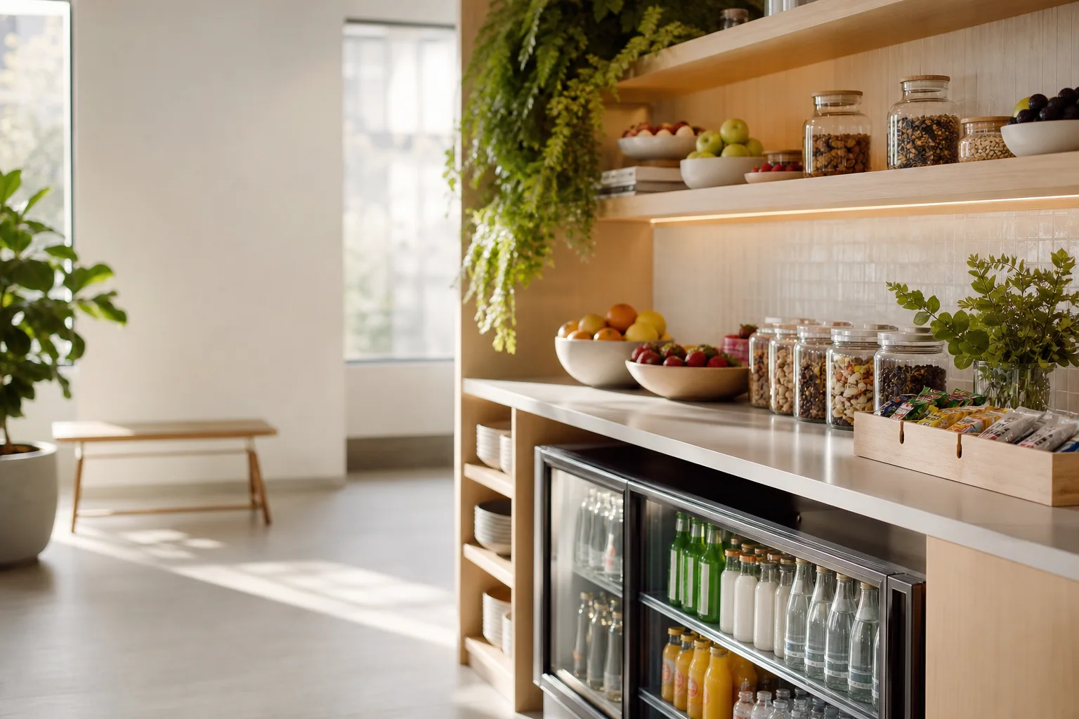 A bright, carefully stocked office pantry with fruit, snacks and chilled drinks