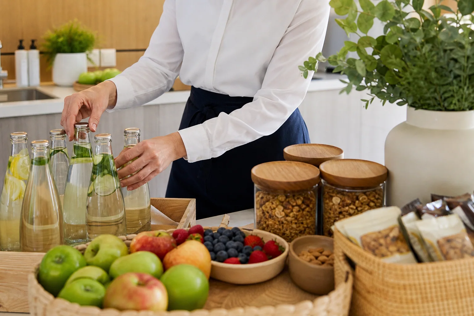 A pantry service team member arranging drinks, fruit and snacks